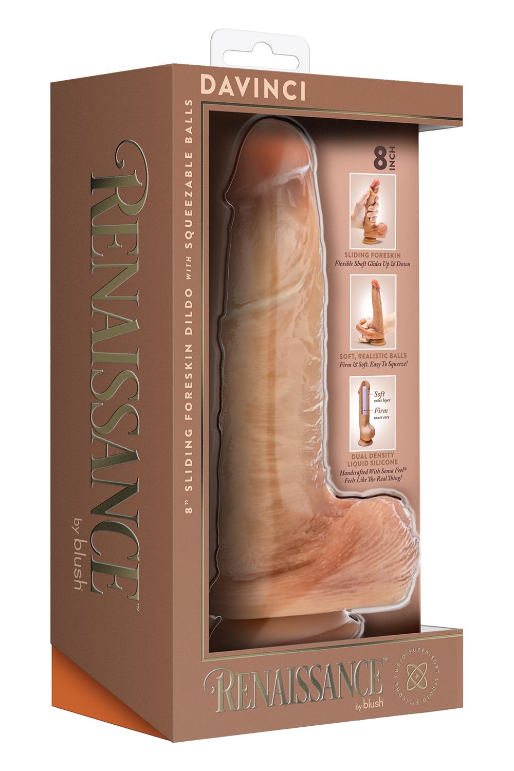 RENAISSANCE DAVINCI 8 INCH SLIDING FORESKIN DILDO WITH SQUEEZABLE BALLS TAN