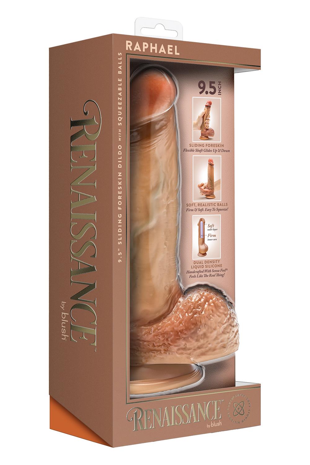 RENAISSANCE RAPHAEL 9.5 INCH SLIDING FORESKIN DILDO WITH SQUEEZABLE BALLS TAN