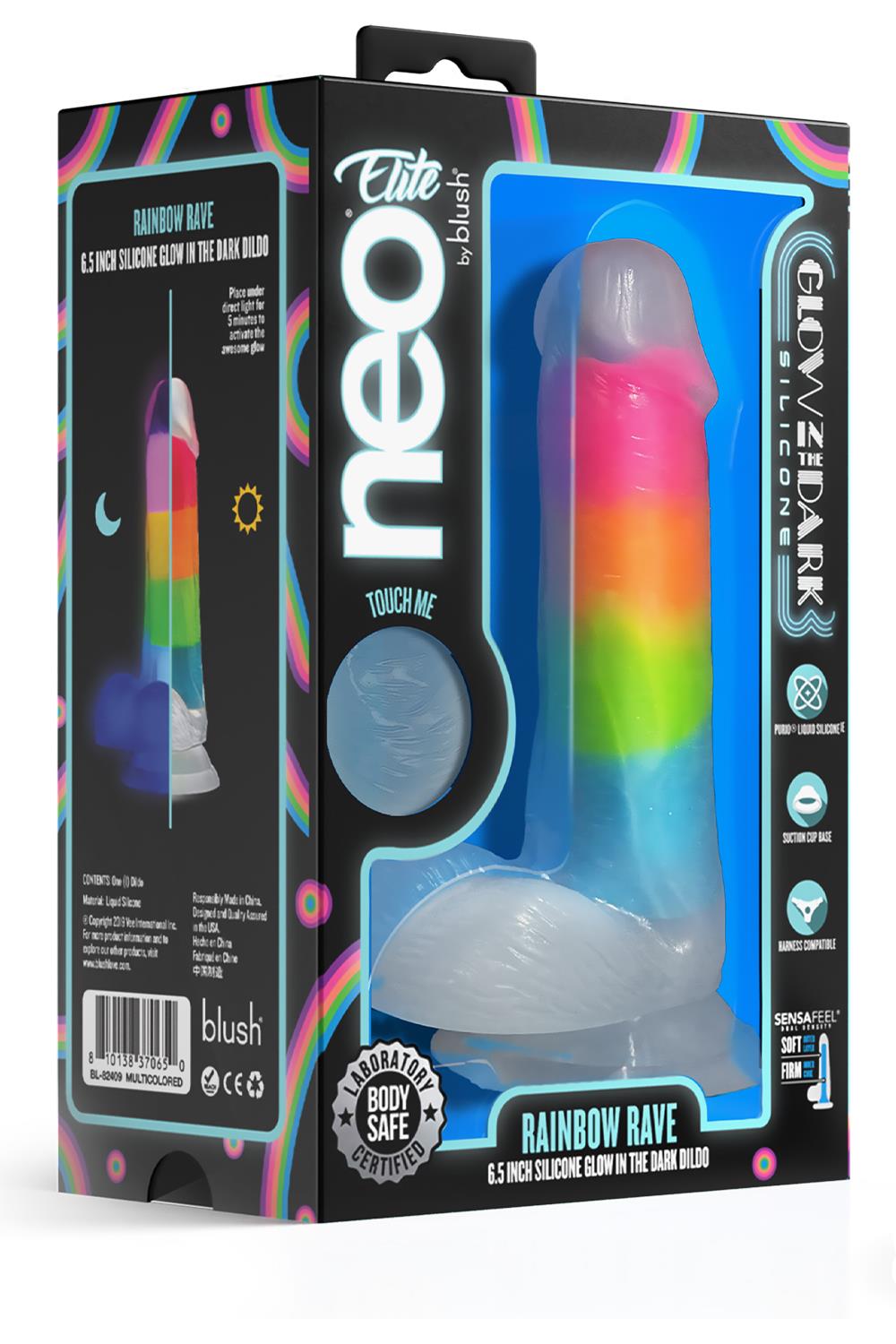 Elite Glow In The Dark Rainbow Rave 6.5 Inch Silicone Dual Density Dildo Multicolored
