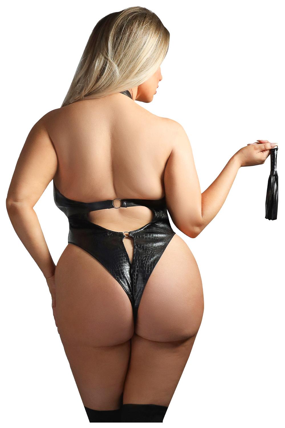 CROC EMBOSSED WETLOOK CROTCHLESS TEDDY BLACK